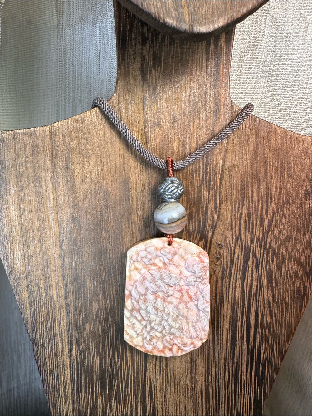 Coral Fossil Tiger Pendant Necklace on Light Brown Adjustable Rope - Picture 2 of 16